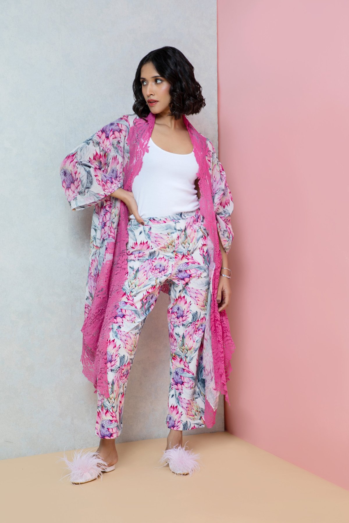 Pastel Pink Floral Cape and Straight Pants Co-ord Set