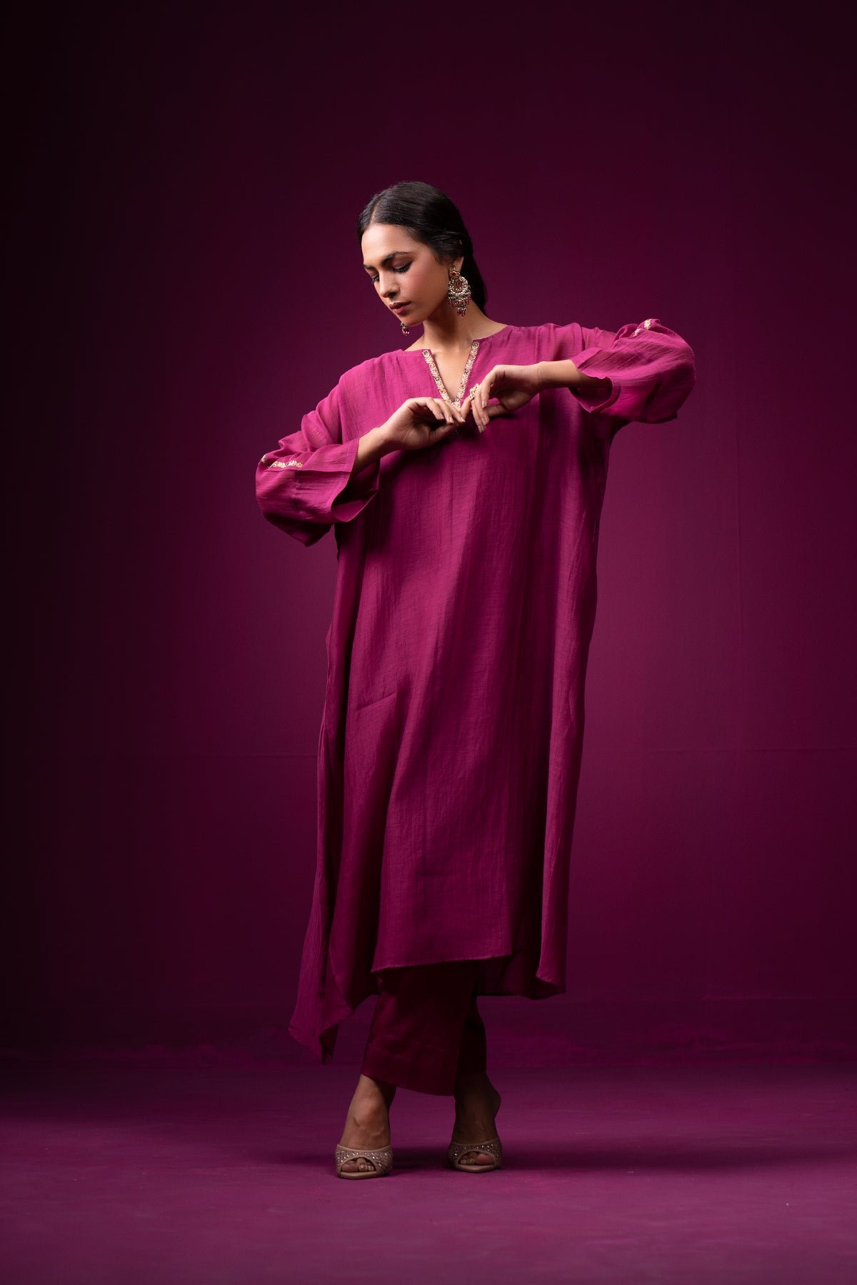 Wine Silk Chanderi Kaftan-Style Kurta Set (Set of 3)