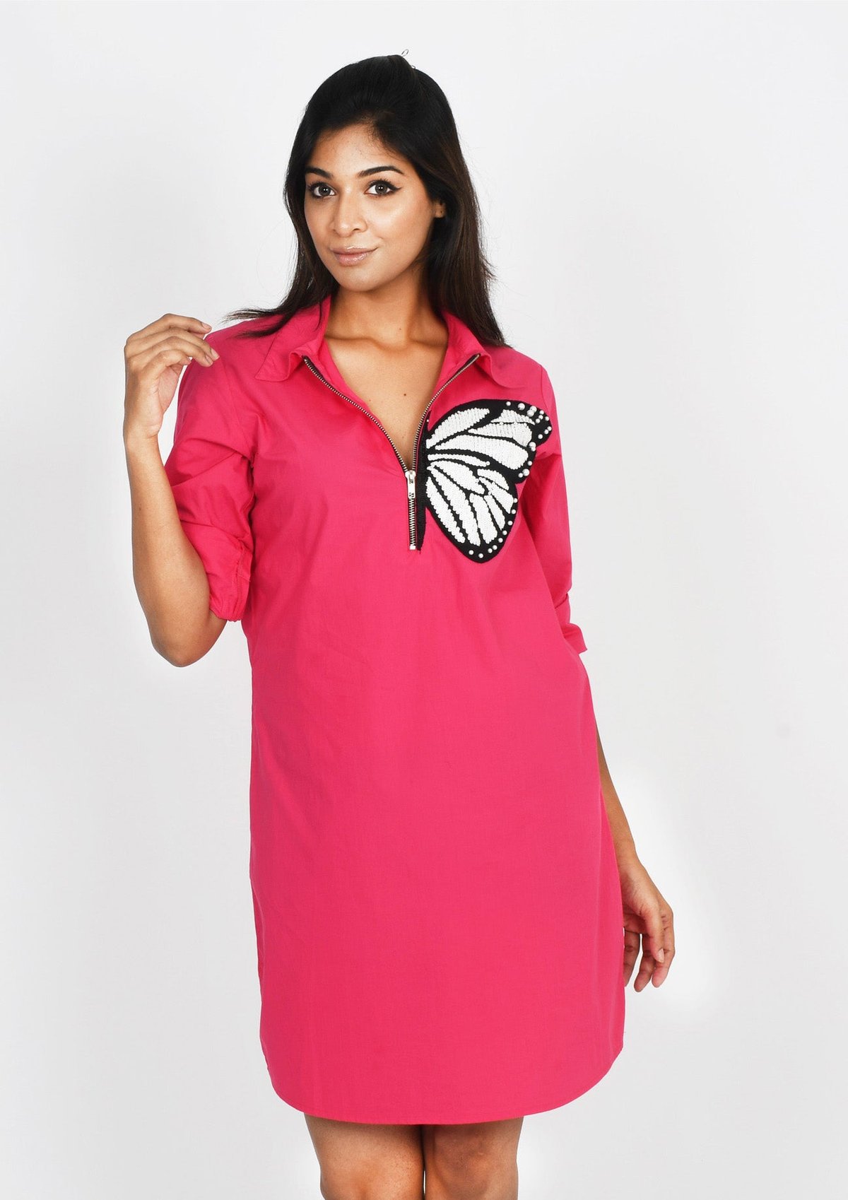 Hot Pink One Piece Cotton Dress with Embroidery