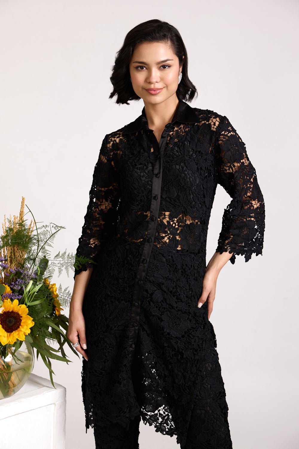 Black Longline Lace Button-Down Shirt