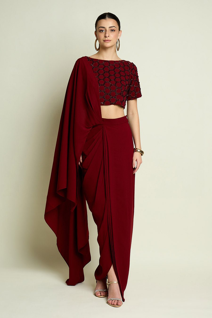 Wine Pre-Draped Saree - Blouse