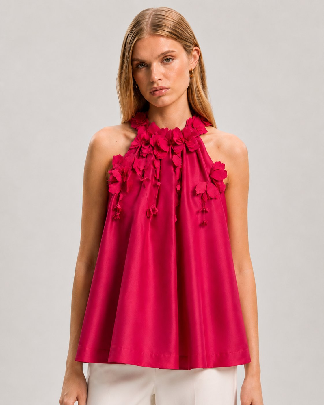 Fuchsia 3D Floral Appliqué Halter Neck Blouse
