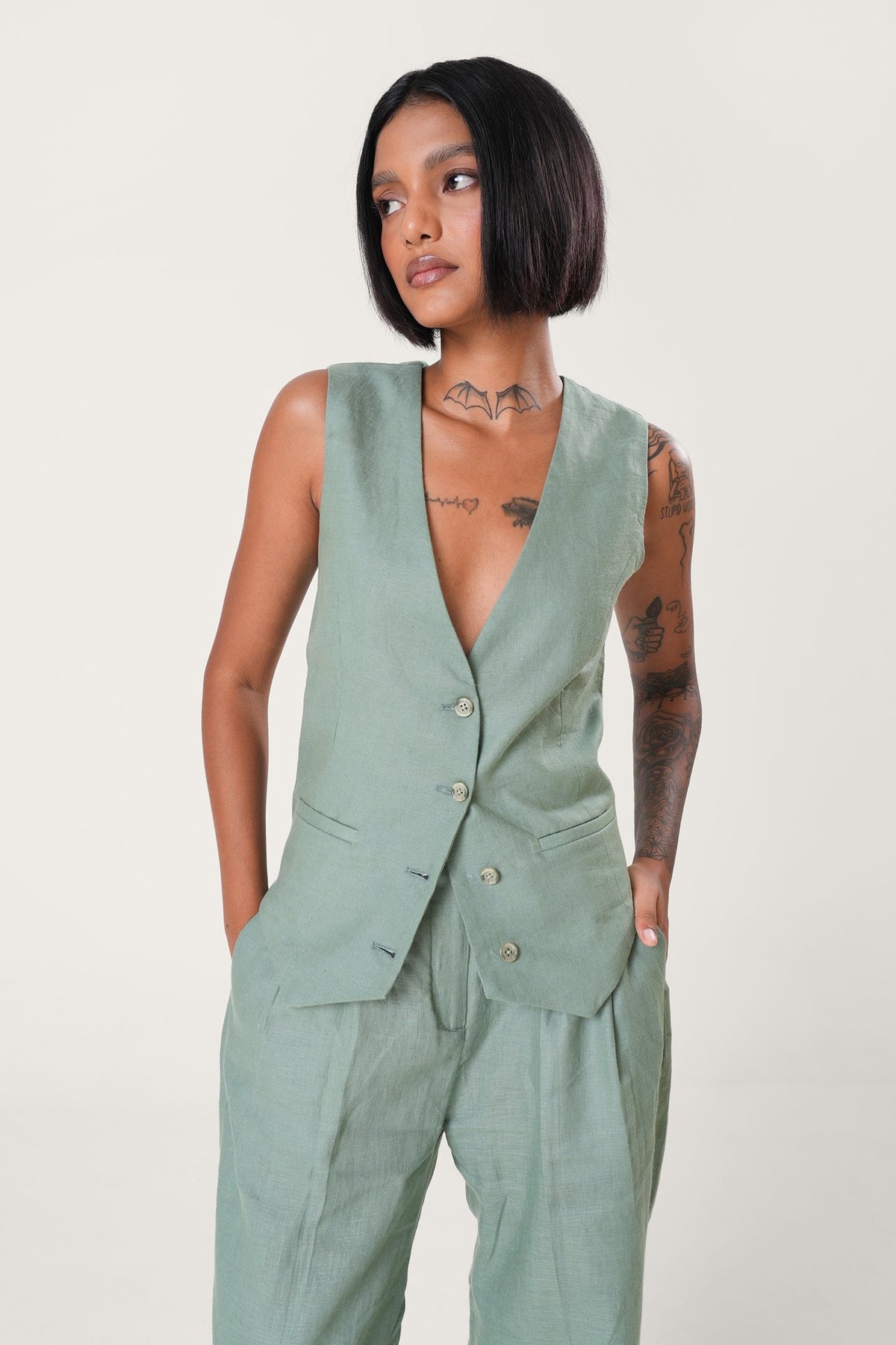 Green Linen Tailored V-Neck Button-Front Waistcoat