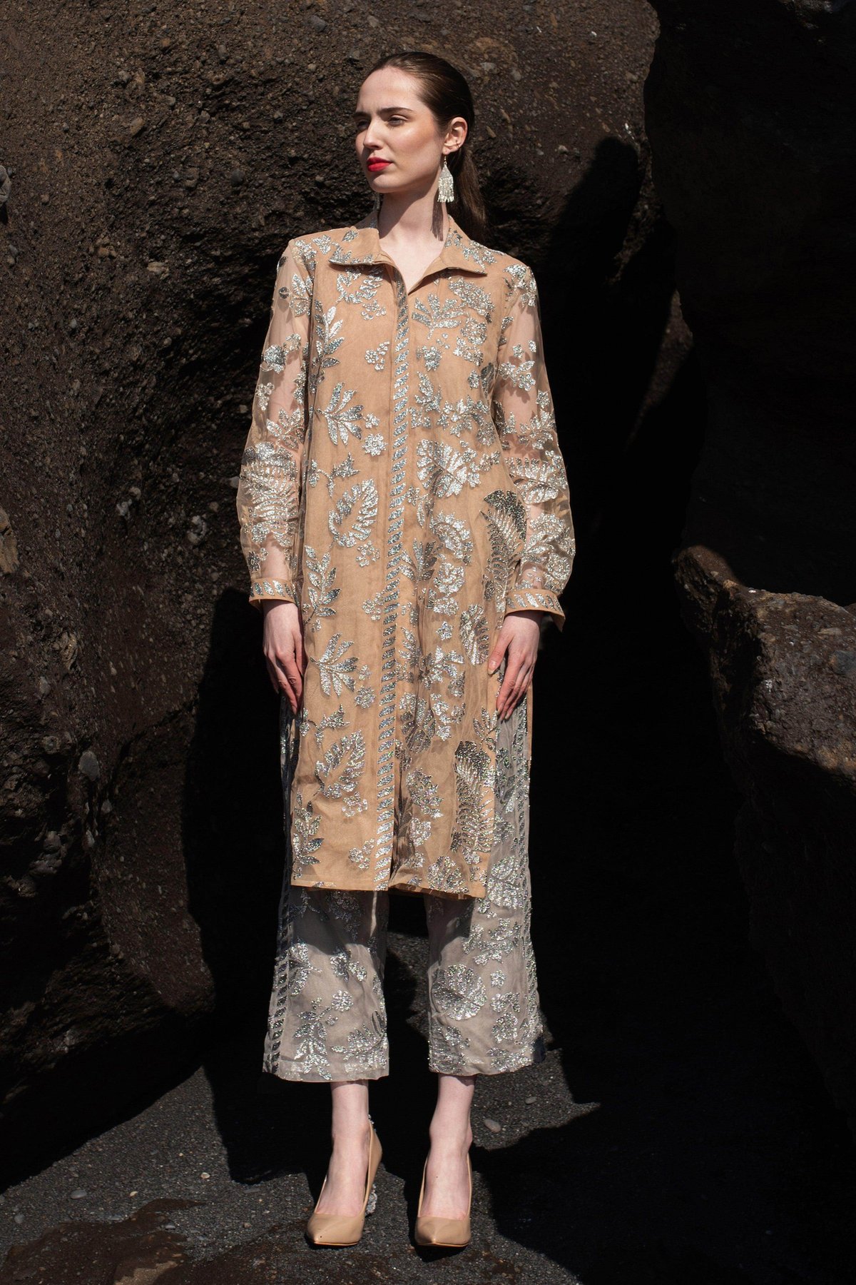 Metallic Embroidered Tulle Shirt and Pant Co-ord Set