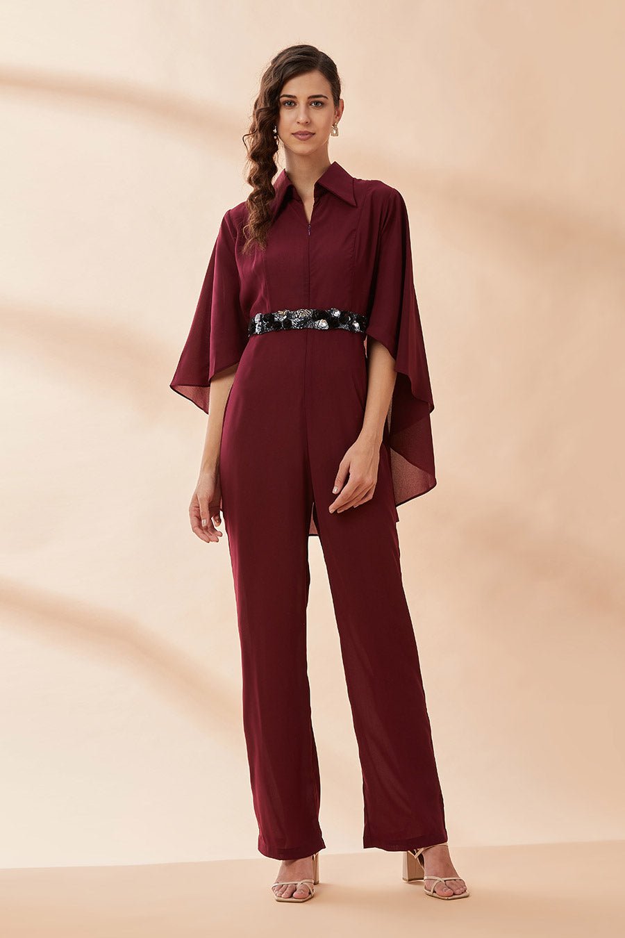 Wine Cape Jumpsuit with Embellished Belt