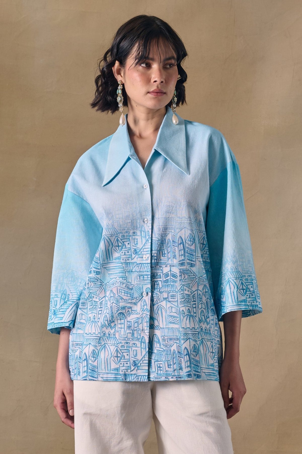 Blue Landscape Printed Relaxed Fit Kimono Shirt