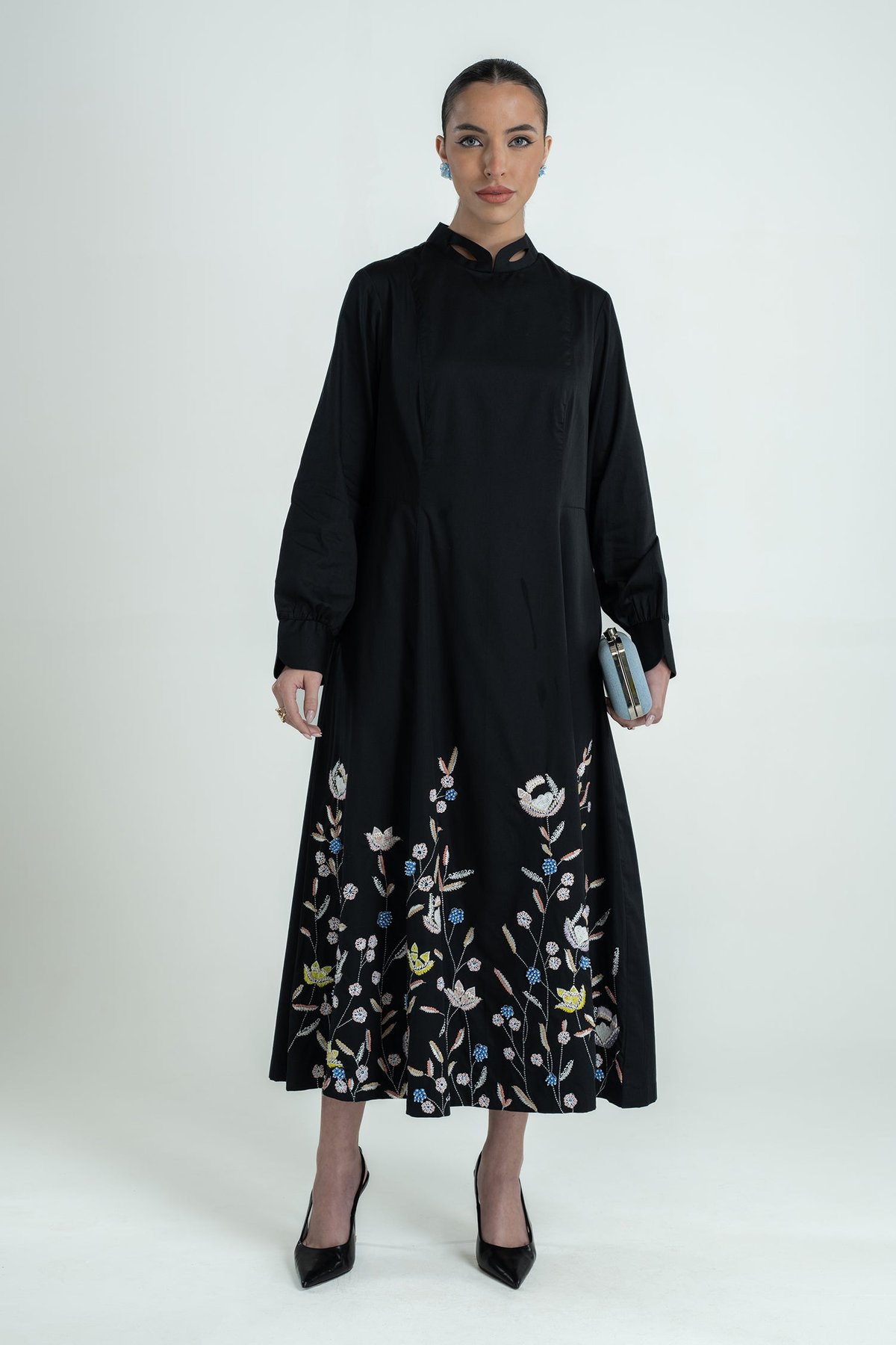 Black Cotton Satin A-Line Maxi Dress with Embroidered Hem