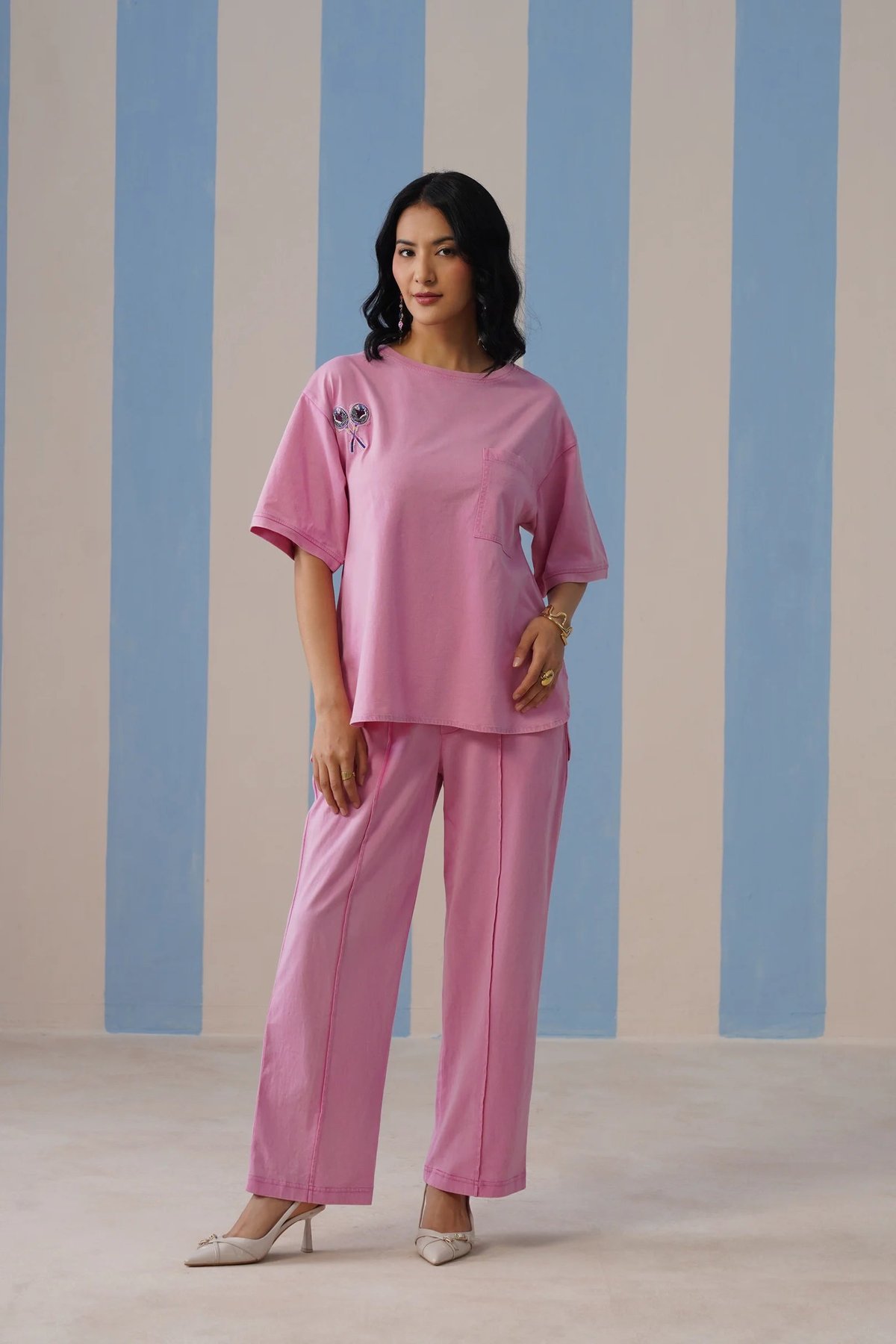 Pink Cotton Jersey T-Shirt and Straight Pant Co-ord Set