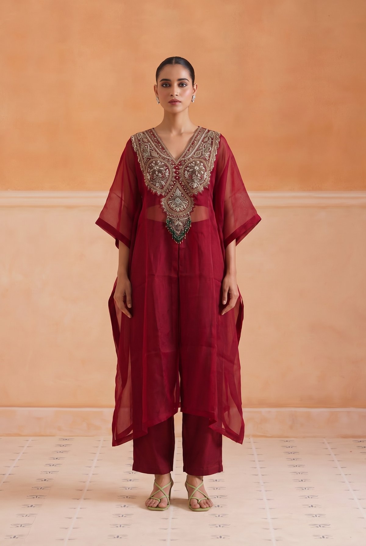 Wine Zareen Embroidered Organza Kurta Set
