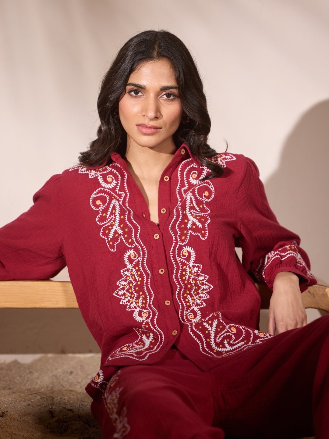 Maroon Embroidered Cotton Button-Down Shirt