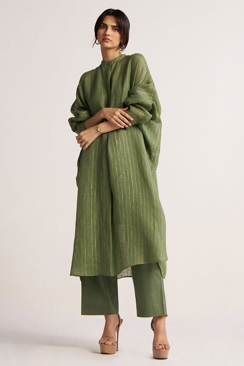 Hedge Green Zari Stripe Kurta and Palazzo Co-ord Set