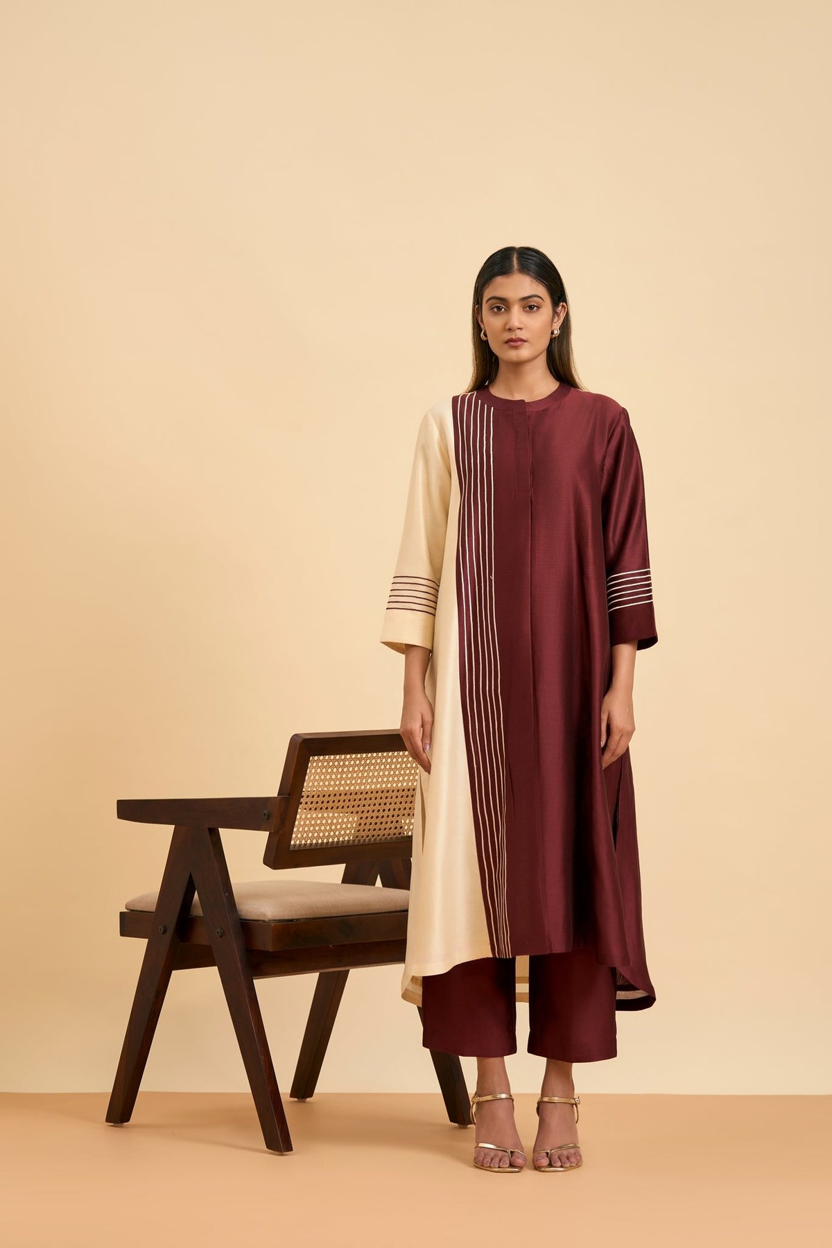Maroon and Ivory Colorblocked Chanderi Silk Kurta Set