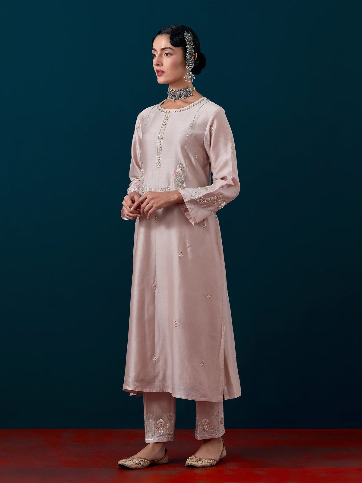 Old Rose Silk Chanderi Embroidered Kurta Set
