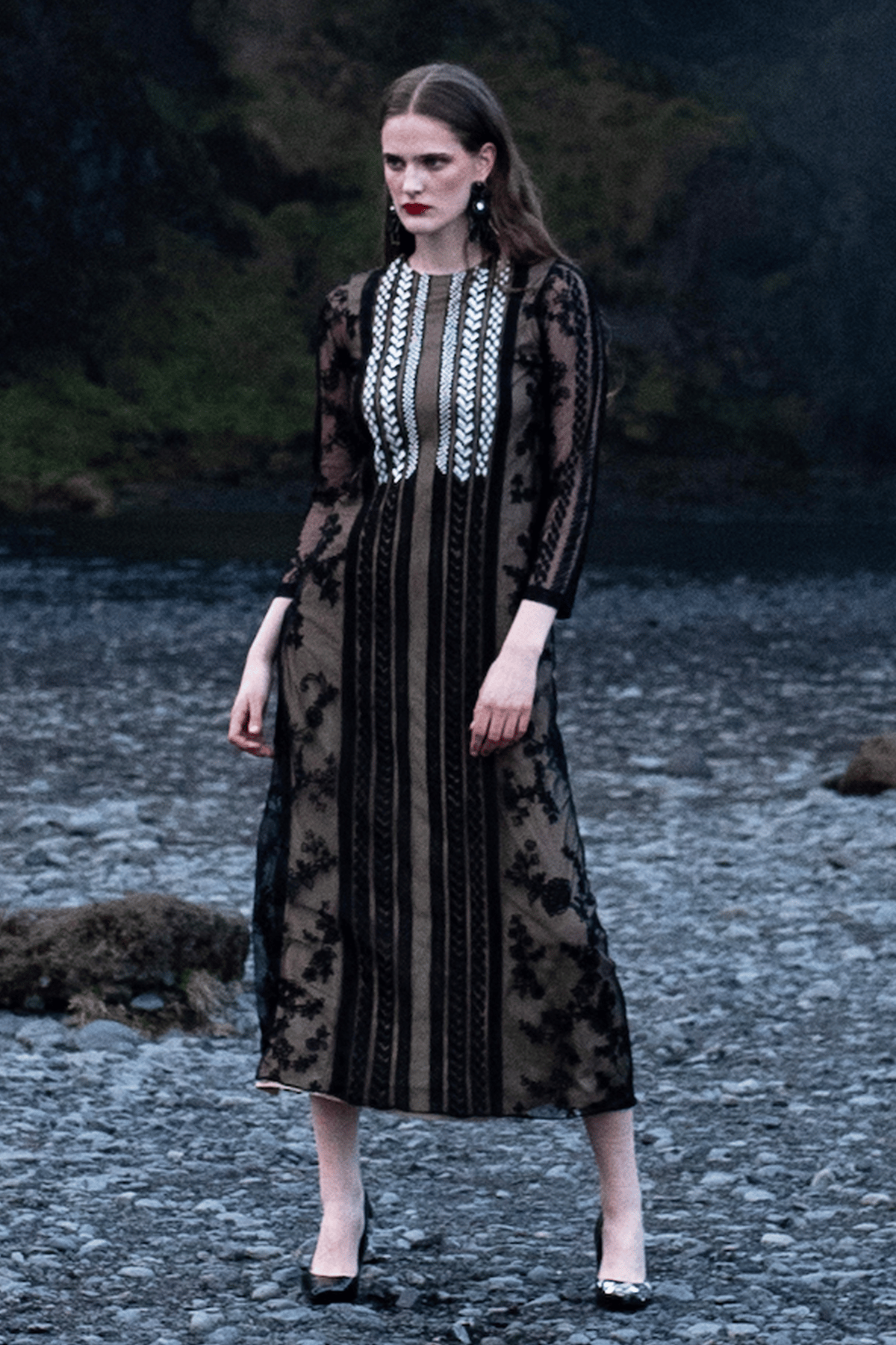 Black Embroidered Net Maxi Gown with Sheer Sleeves