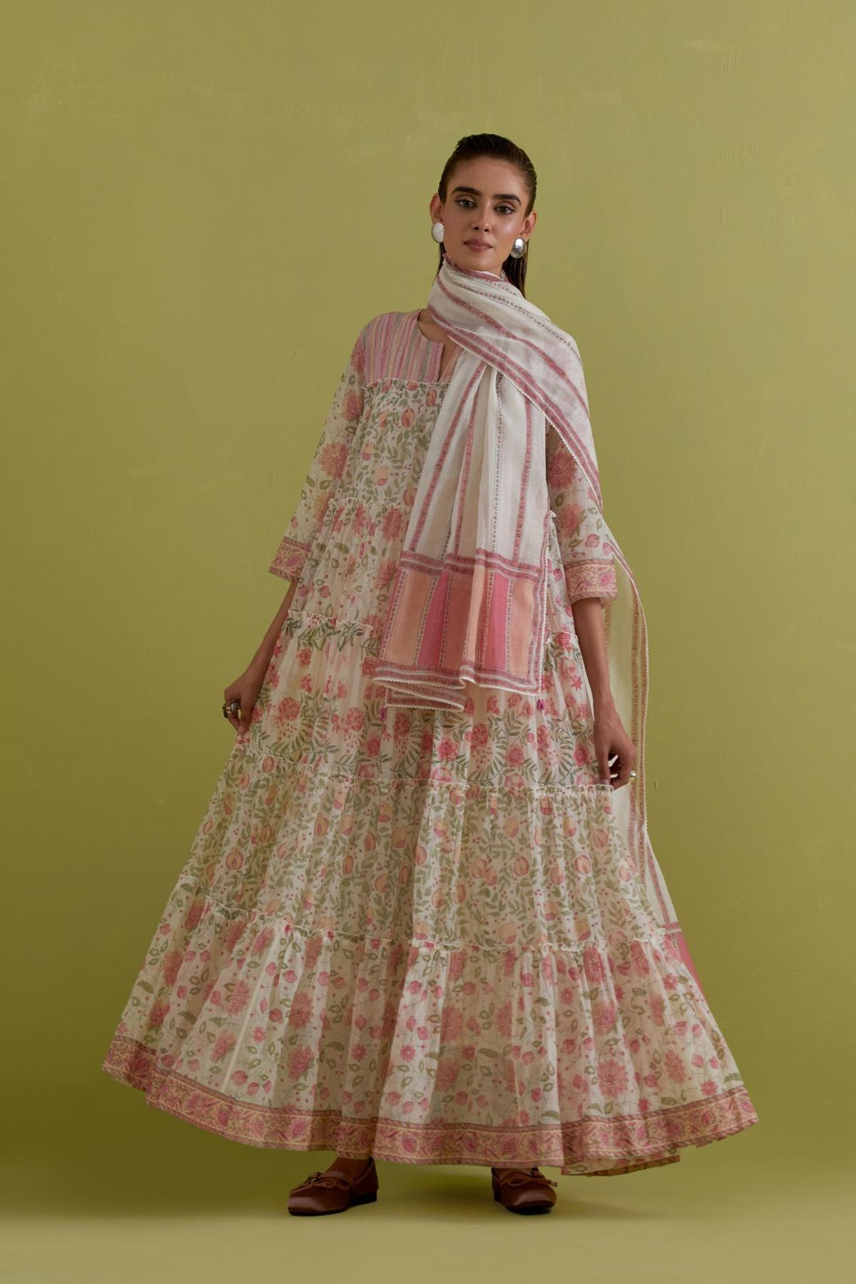 Off-White Floral Block Print Tiered Kurta Set