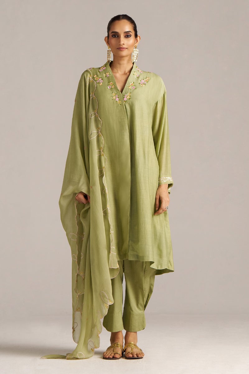 Winter Pear A-Line Bemberg Silk Kurta Set with Dupatta