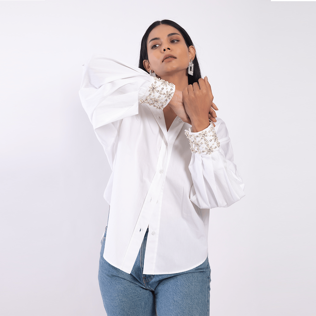 White Oversized Shirt with Embellished Collar and Cuffs