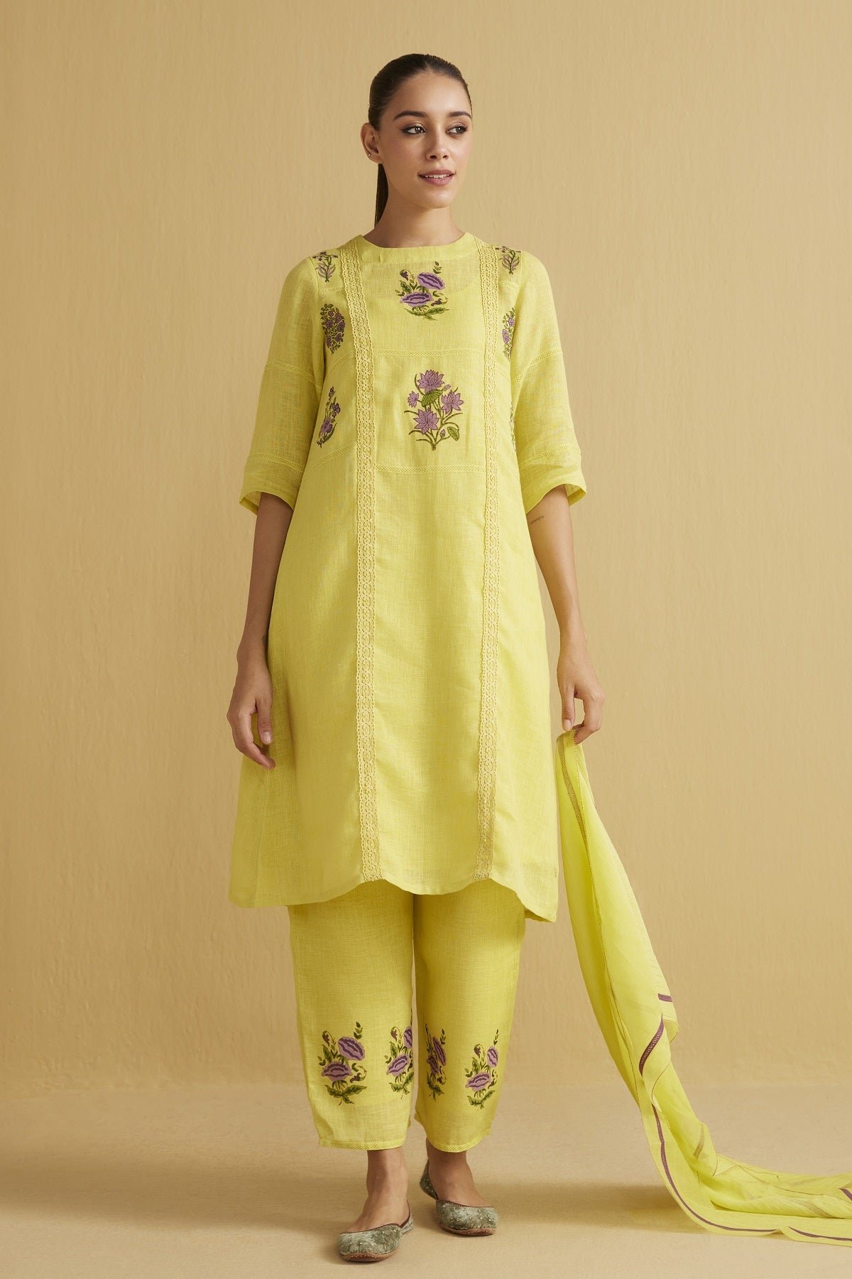 Acacia Yellow Linen Embroidered Kurta Set