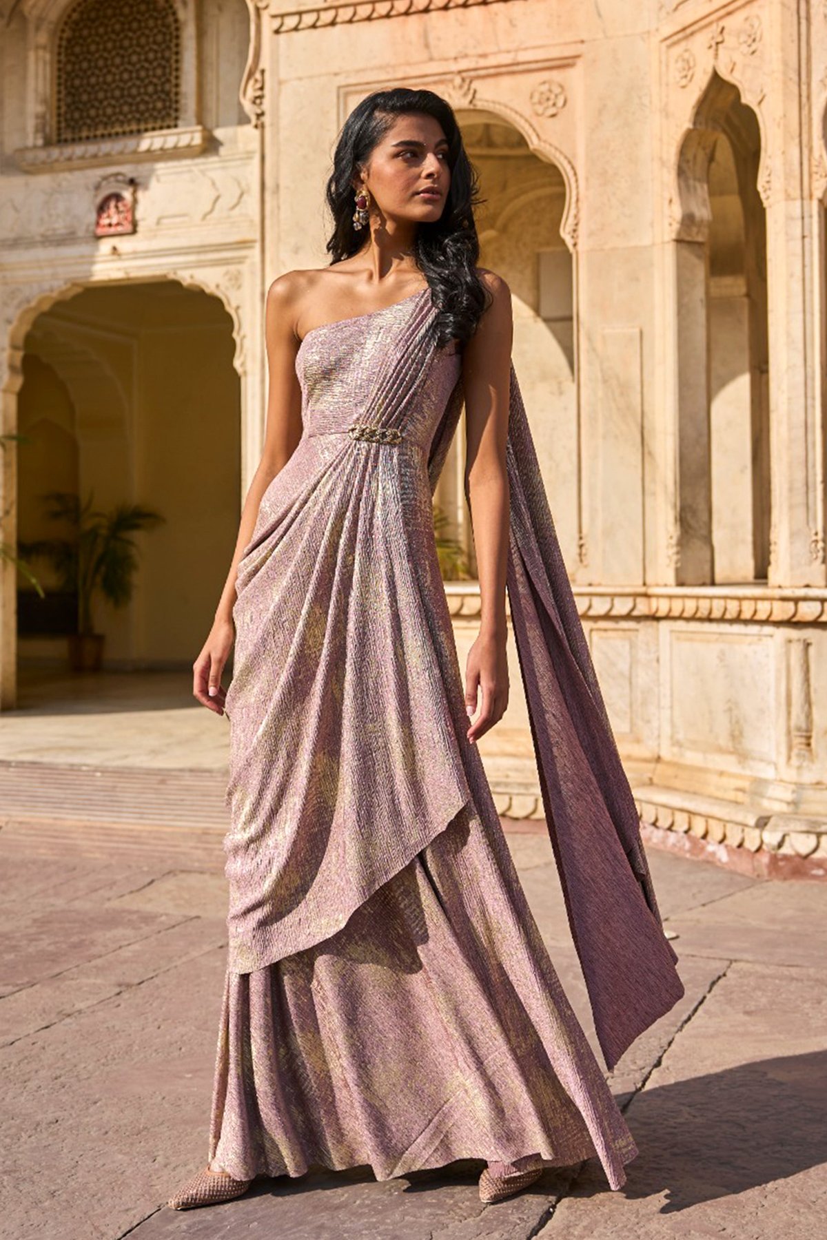Blush/Gold One-Shoulder Sari Drape Maxi Gown