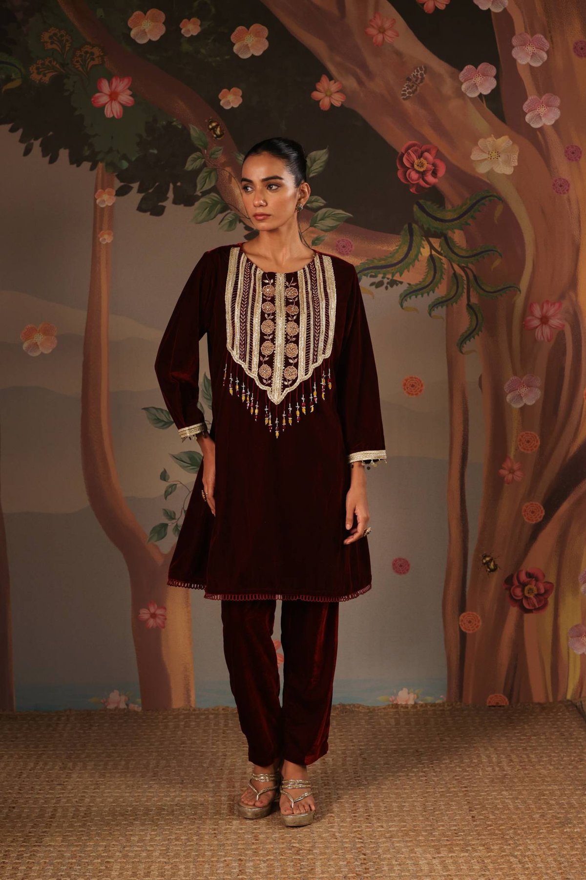 Maroon Velvet Embroidered Kurta Set with Narrow Pants