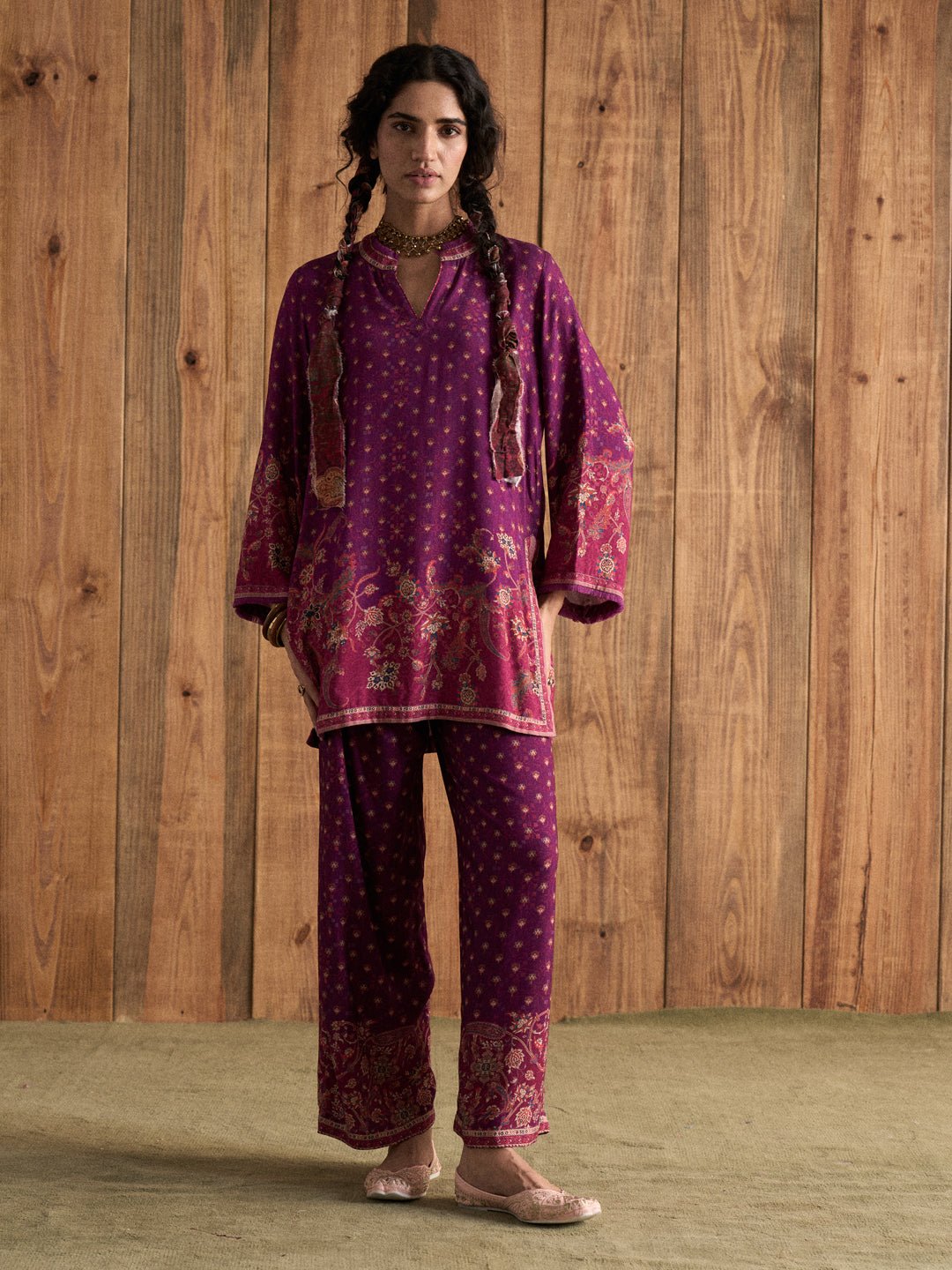Wine Printed Tunic and Wide-Leg Pants Co-ord Set