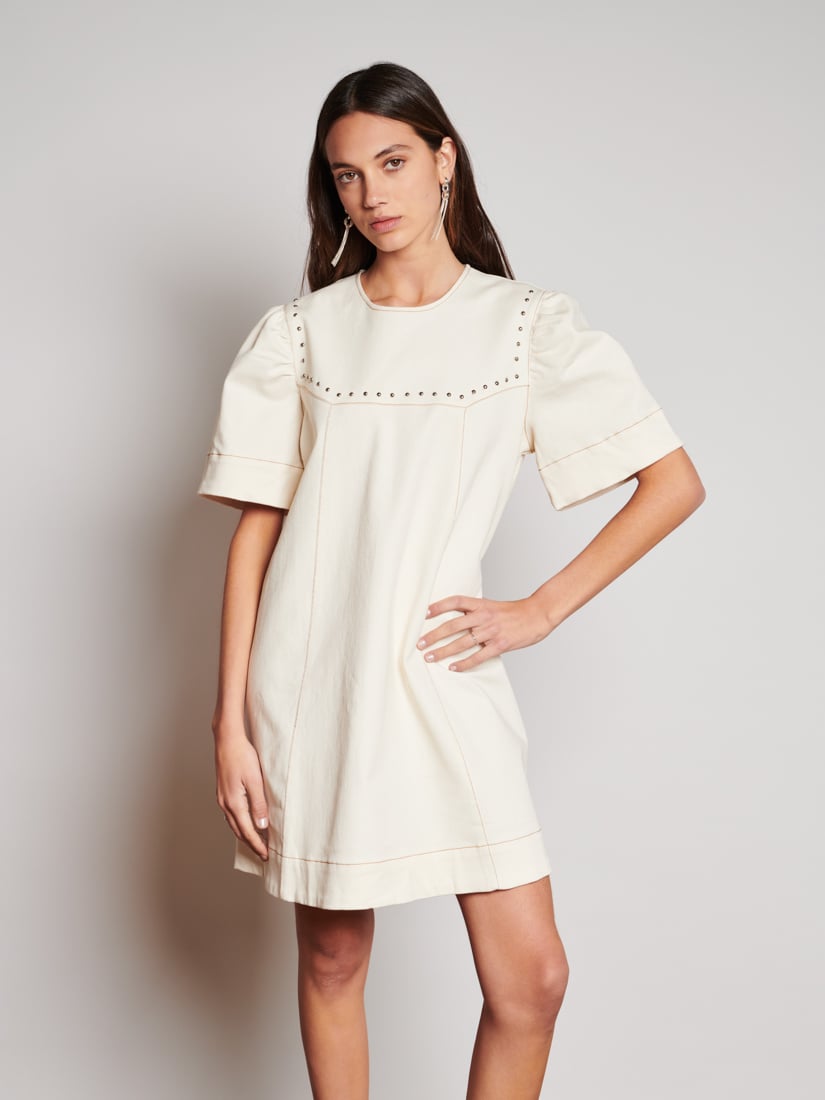 Ivory Structured Drill Mini Dress with Studded Yoke