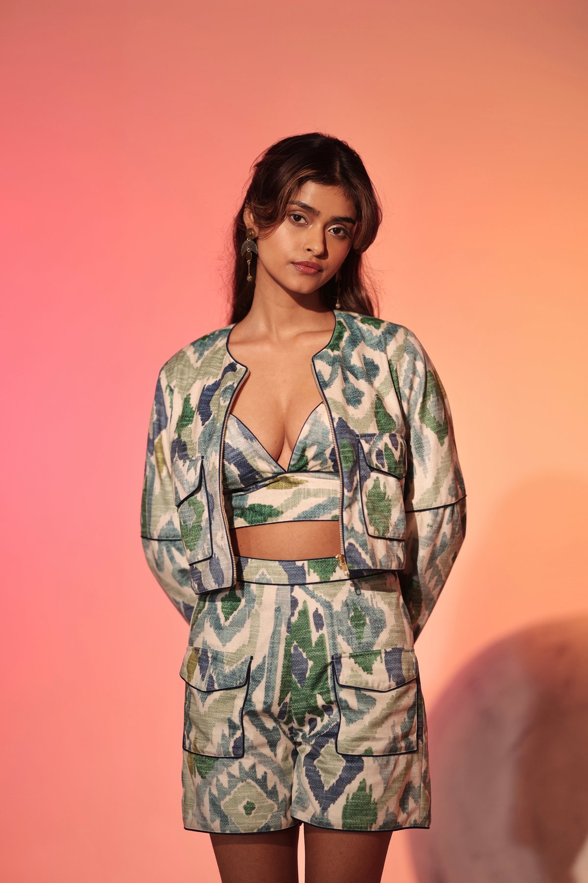 Printed Velvet Jacket, Bralette and Shorts Co-ord Set
