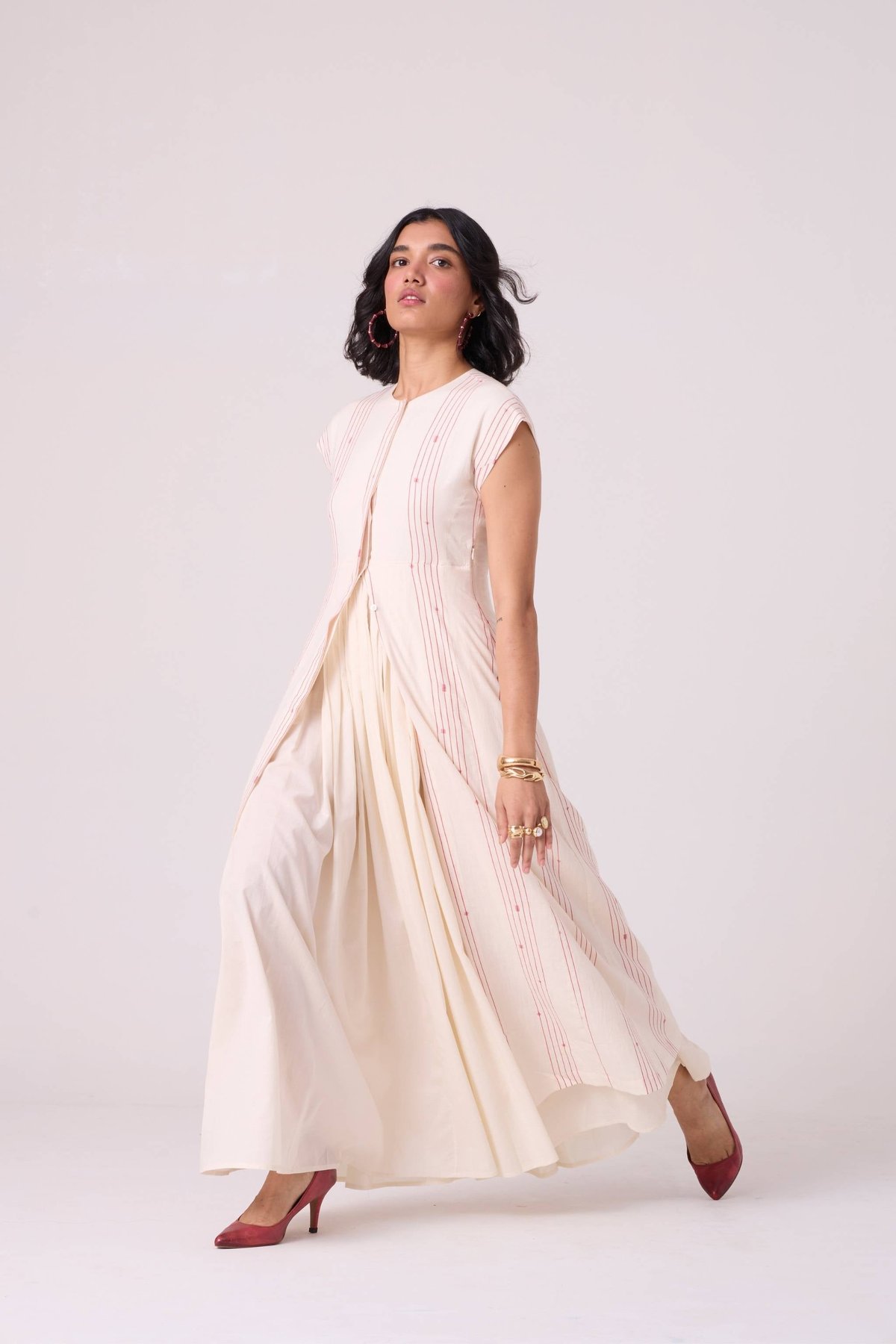 Ivory and Red Striped Layered Maxi Dress
