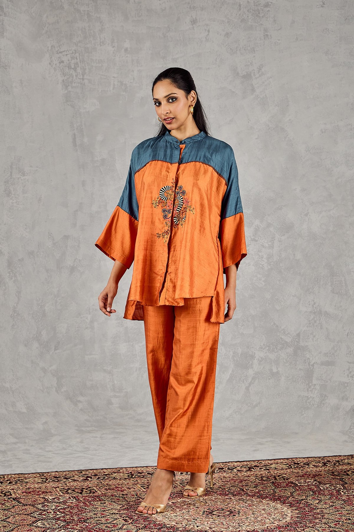Burnt Orange And Blue Colourblock Namah Tunic Set