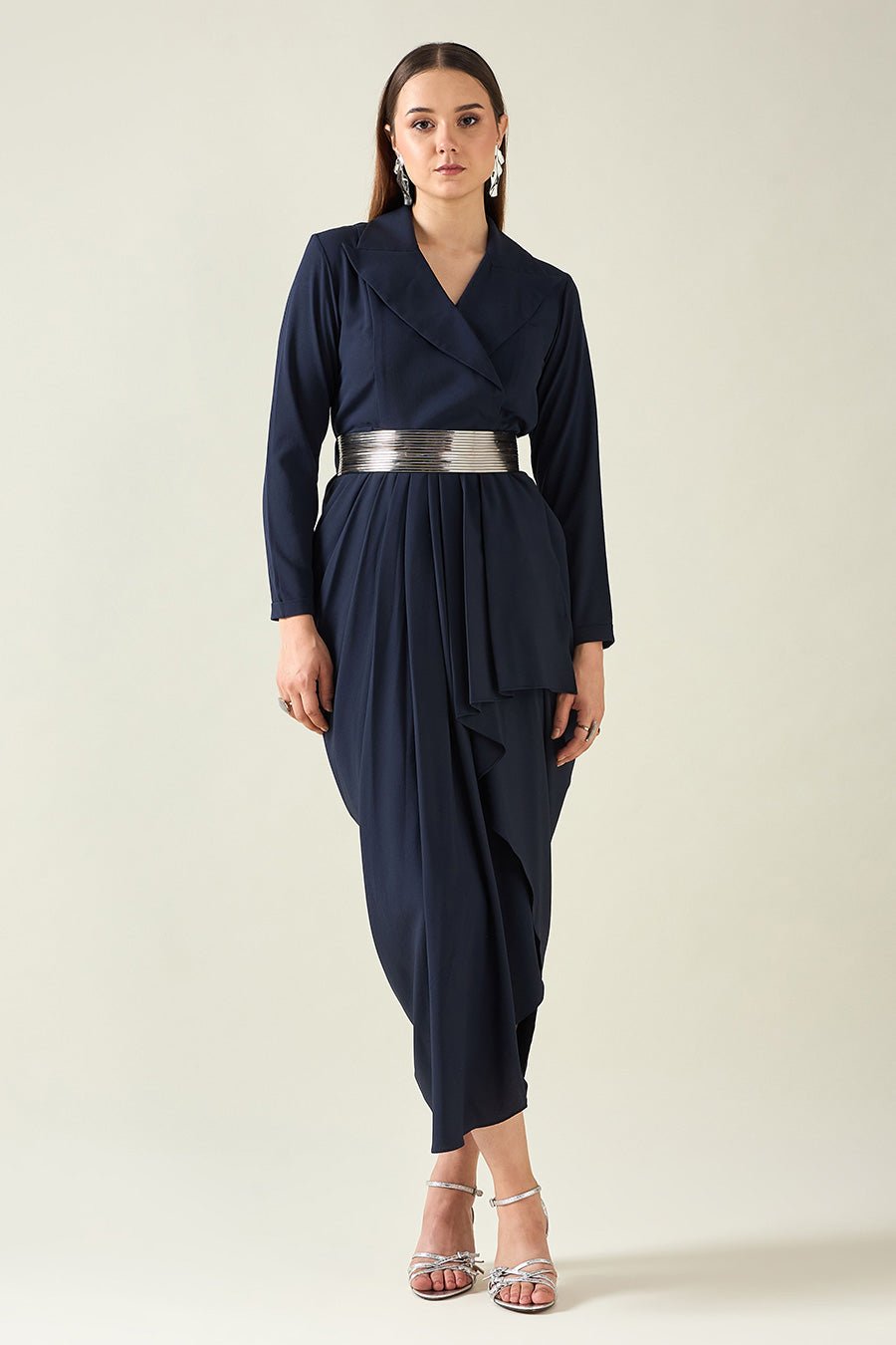 Navy Notch Dress With Belt
