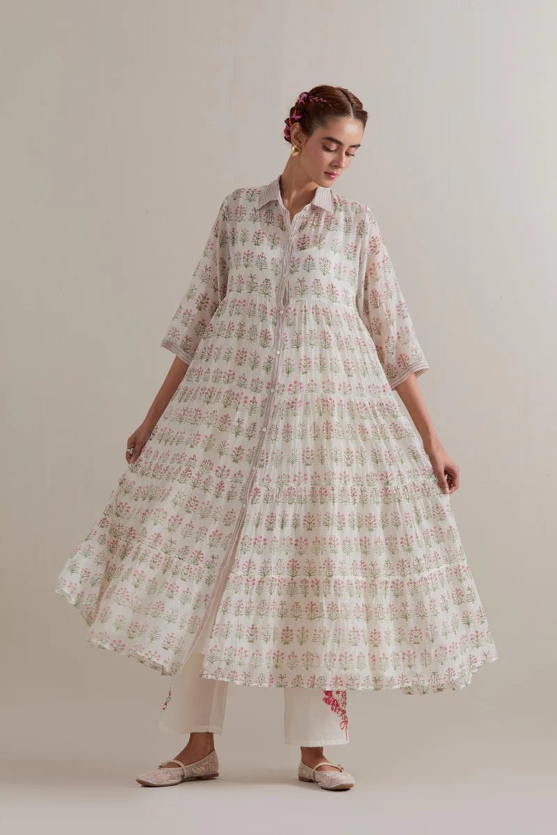 Off-White Floral Printed Collared Kurta Set