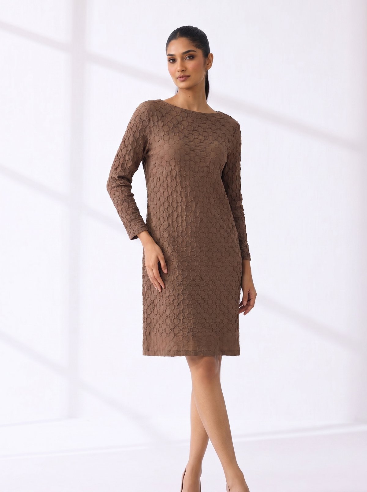 Brown Textured Boat Neck Knee-Length Sheath Dress