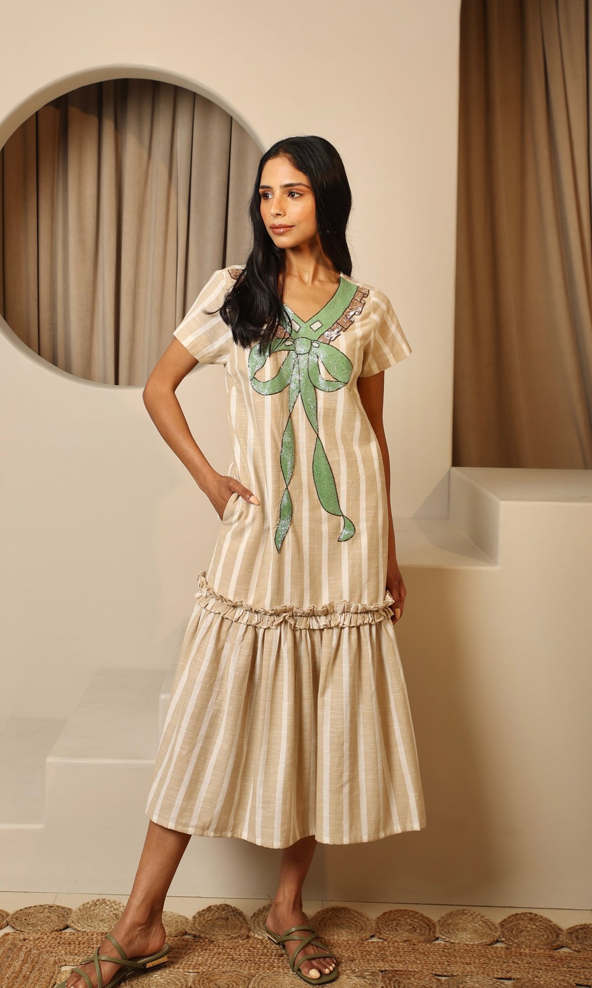Ecru and Ivory Striped Cotton Midi Dress with Beaded Bow