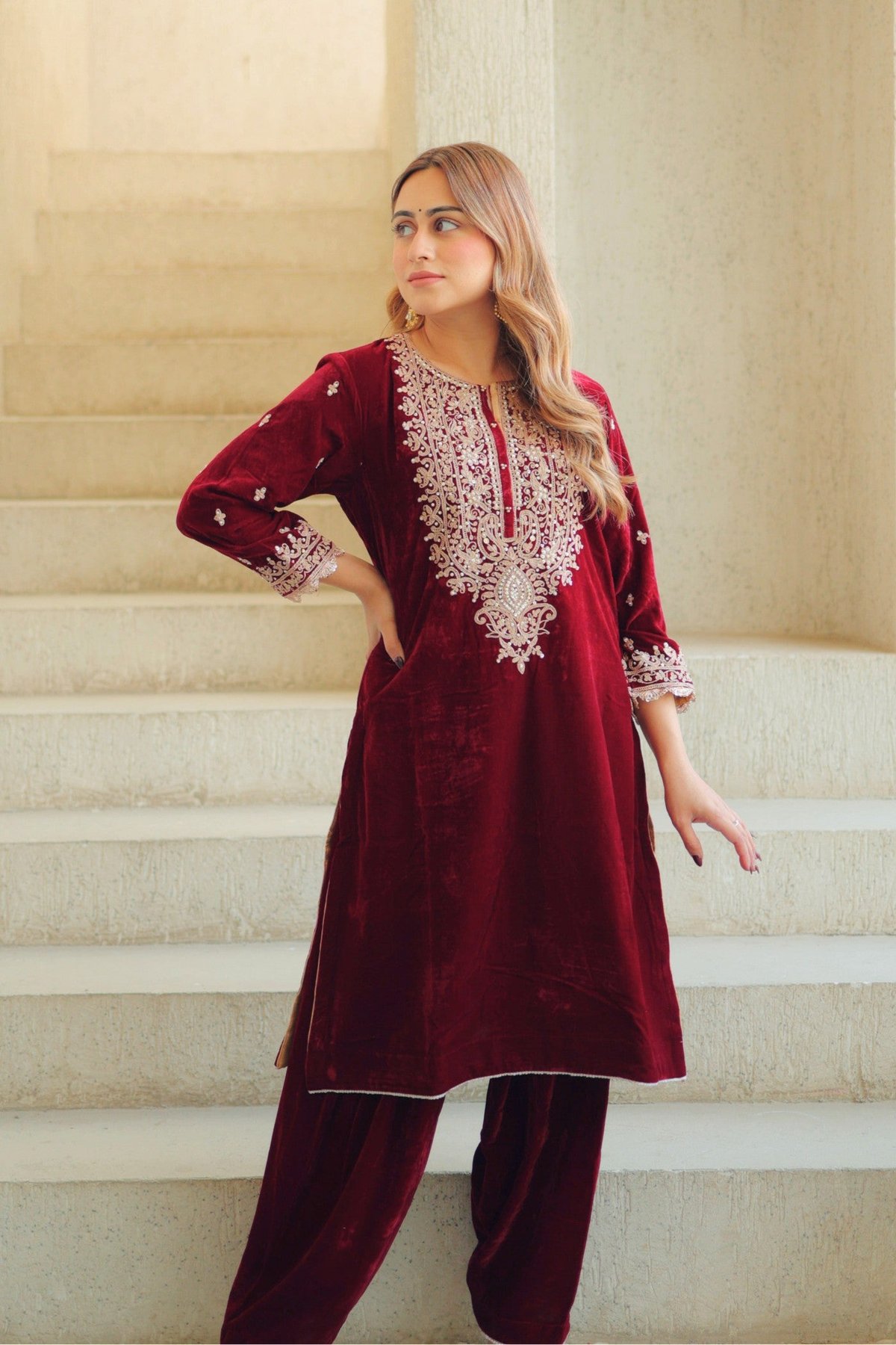 Maroon Silk Velvet Embroidered Short Kurta Set
