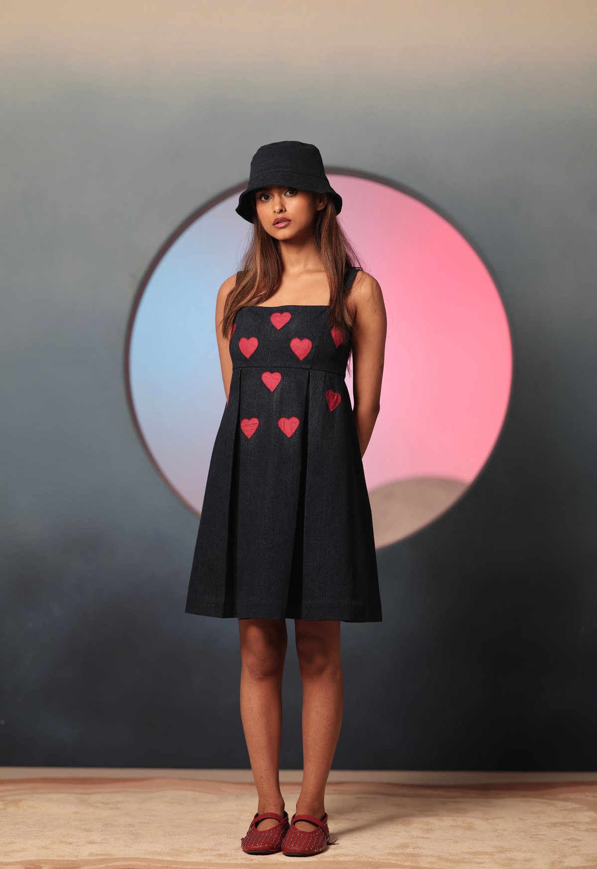 Blue Denim Square Neck Mini Dress with Heart Motif