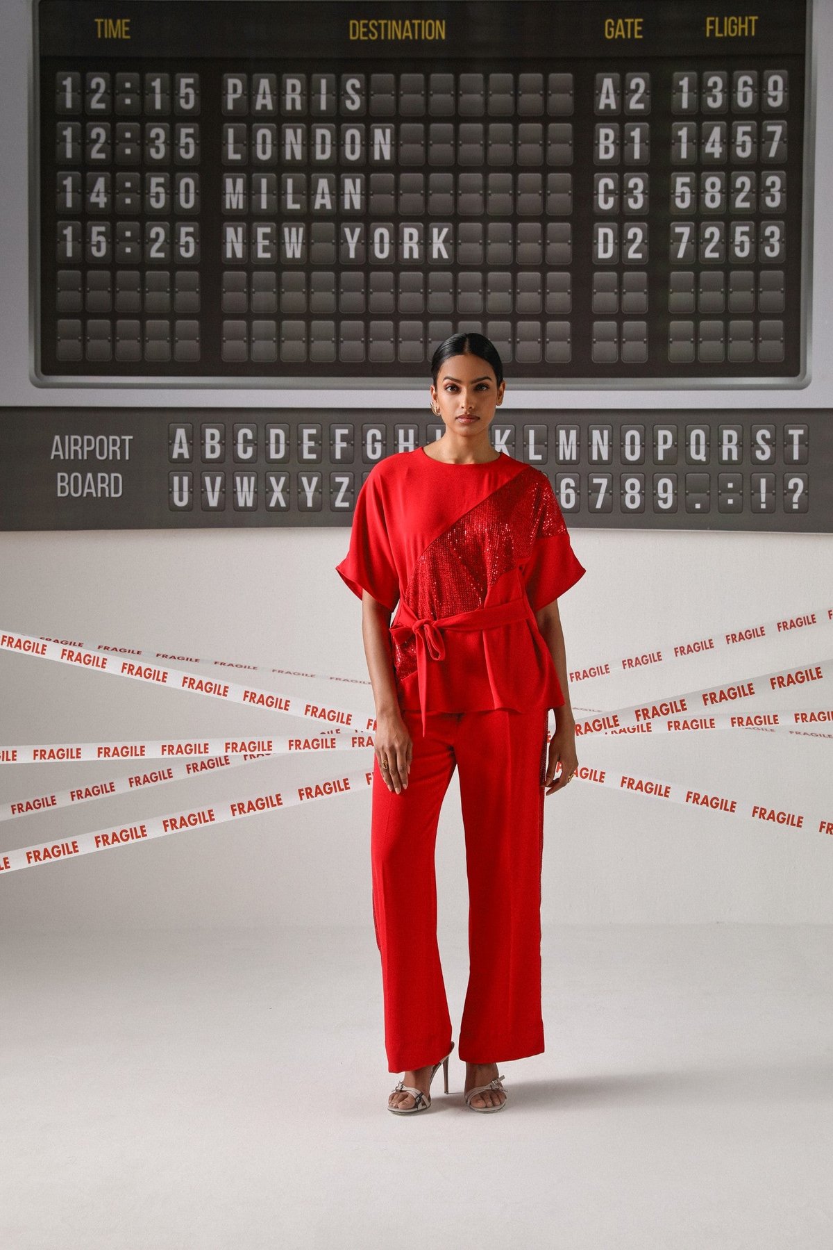 Red Twill Sequin Panel Top and Wide-Leg Pants Co-ord Set