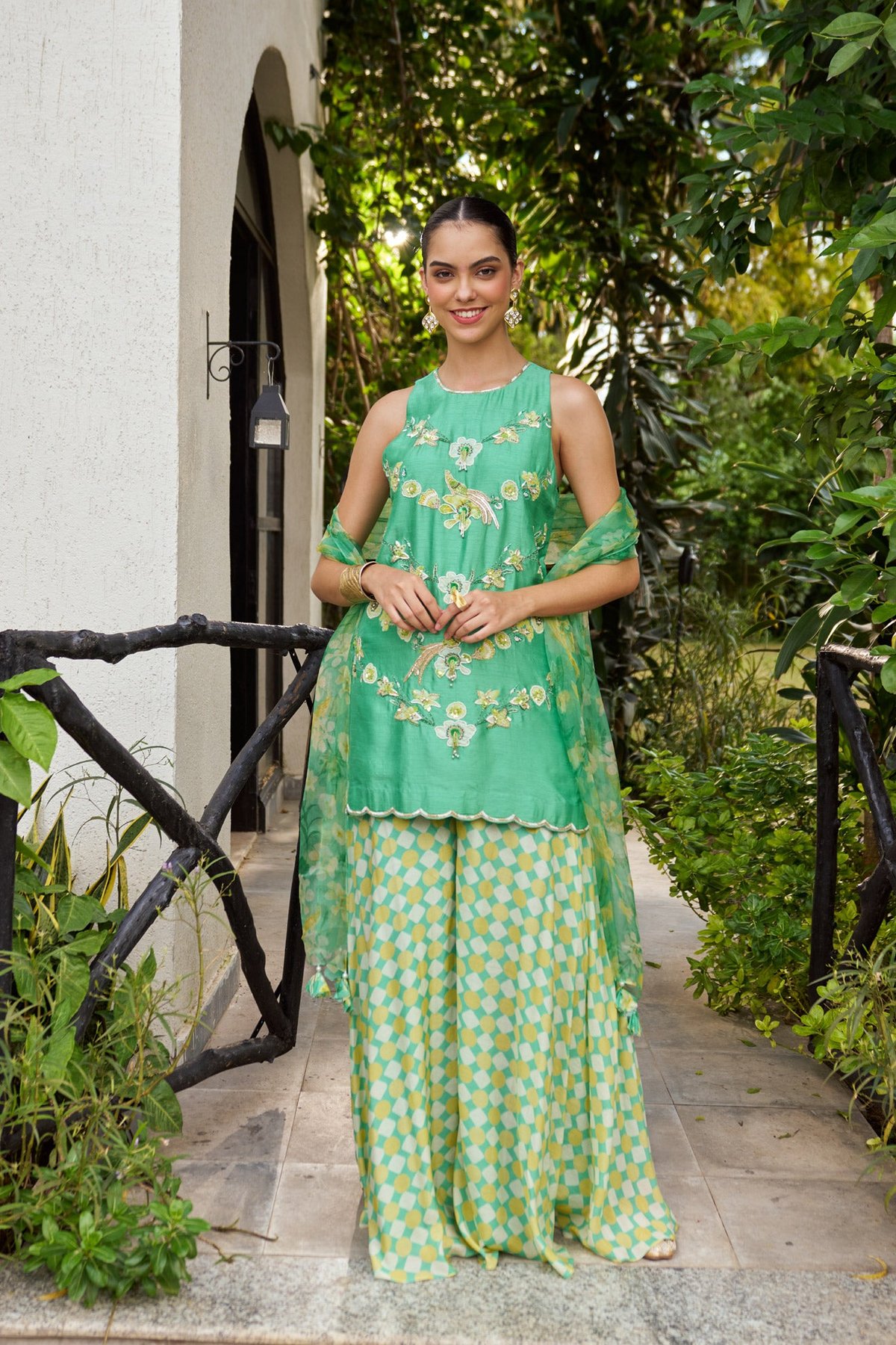Green Applique Kurta Sharara Set with Organza Dupatta