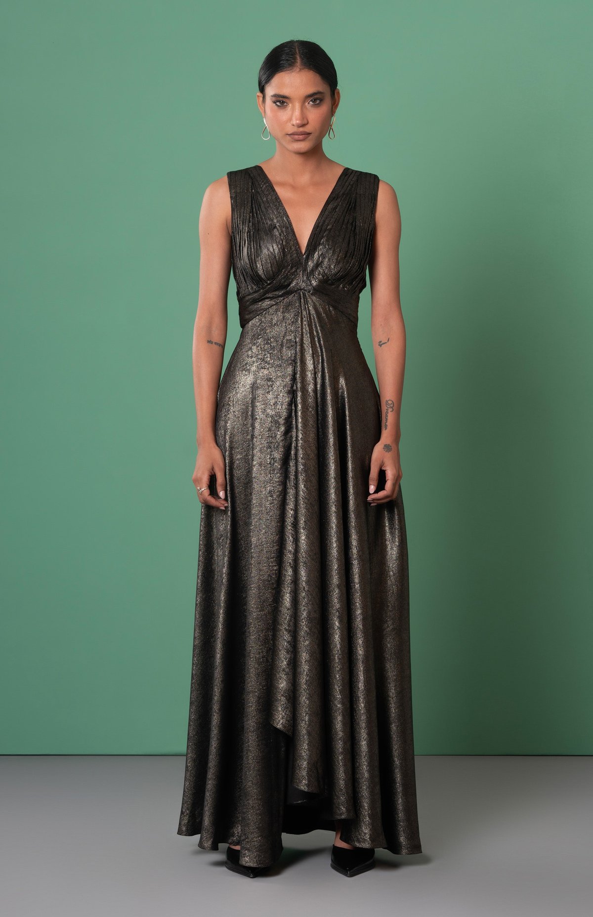 Dark Bronze Metallic Satin Draped Maxi Gown