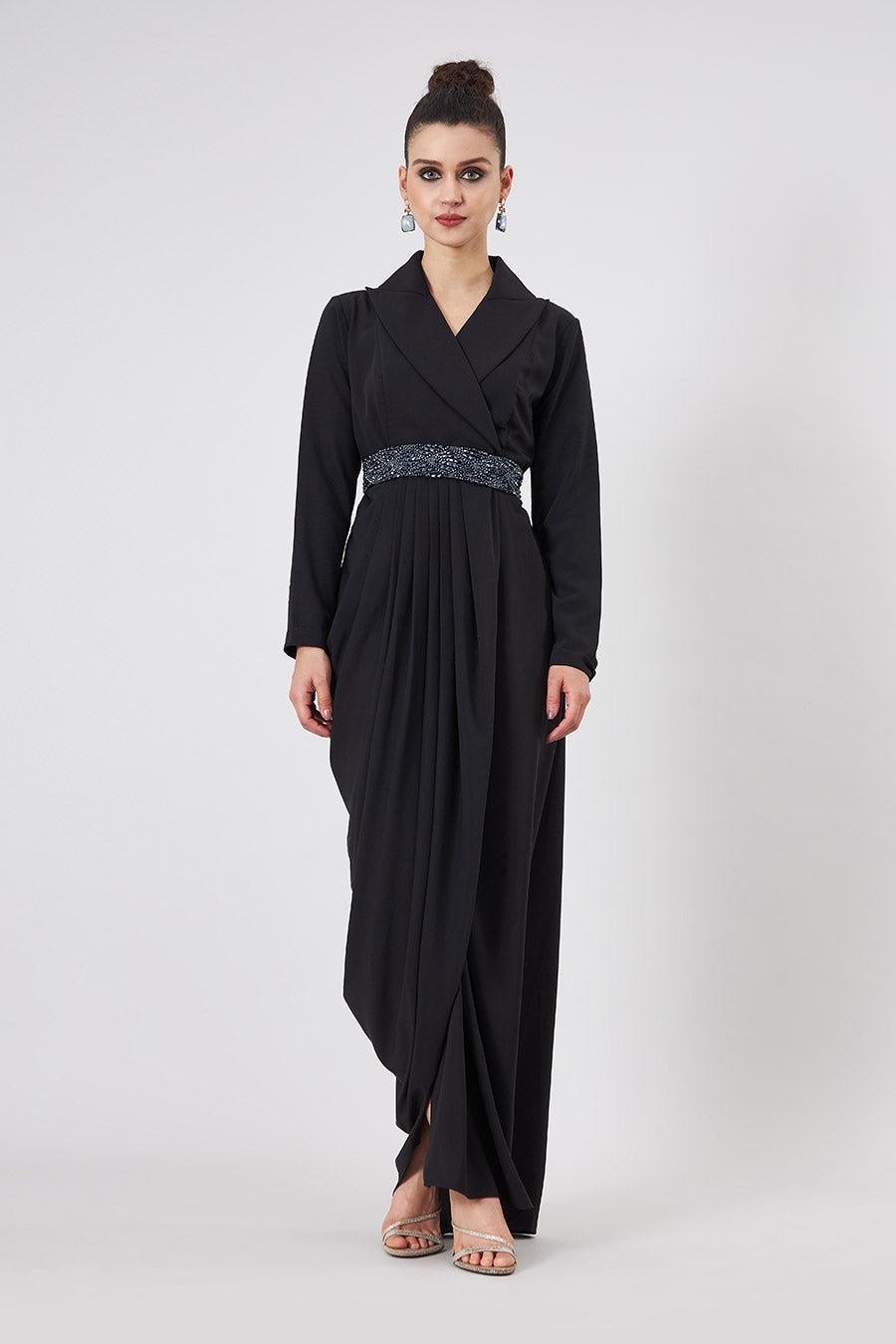 Black Wrap Drape Maxi Dress with Crystal-Embellished Belt
