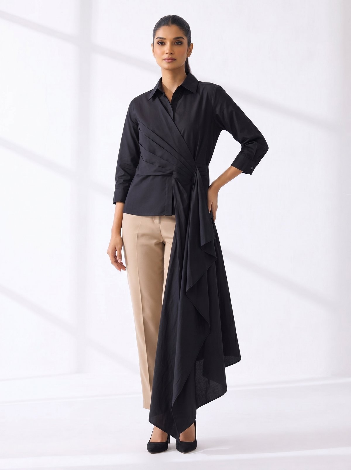 Black Cotton Poplin Drape-Panel Shirt