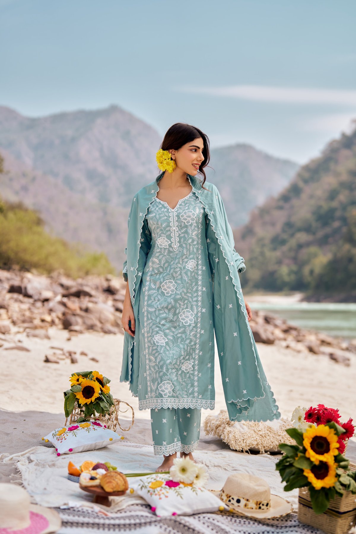 Blue Cotton Embroidered Straight Kurta Set with Dupatta