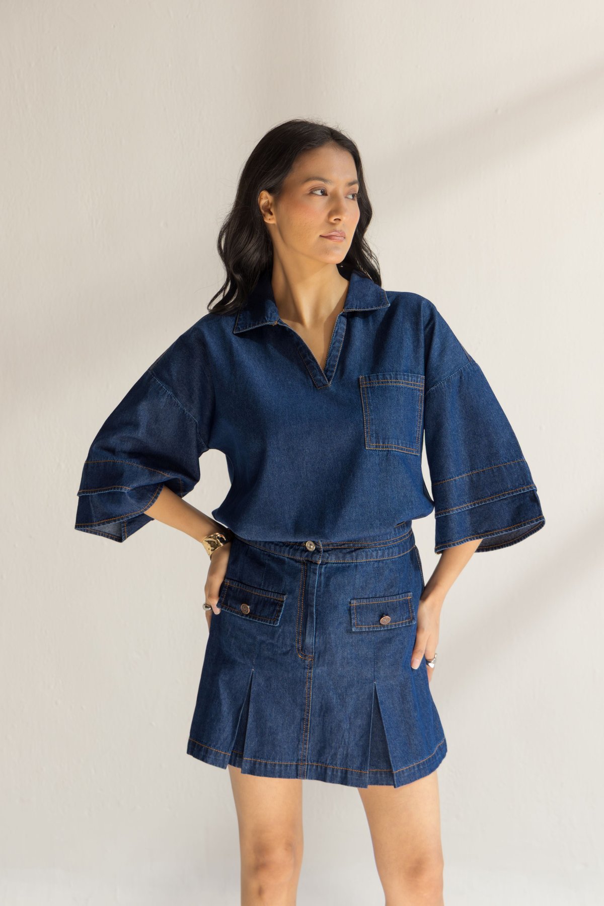 Blue Denim V-Neck Top and Mini Skirt Co-ord Set