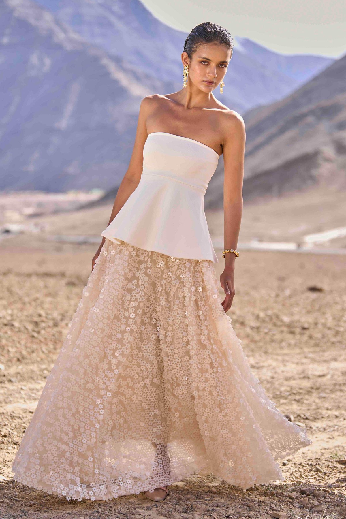 Ivory Floral Sequin Mesh Maxi Skirt