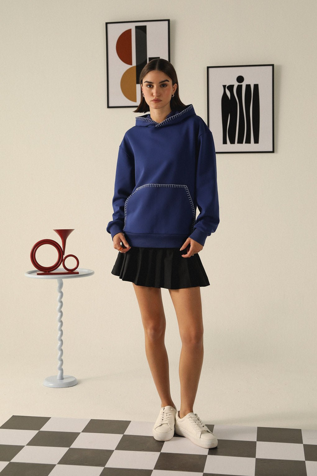 Blue Pullover Hoodie with Contrast Stitch Detail