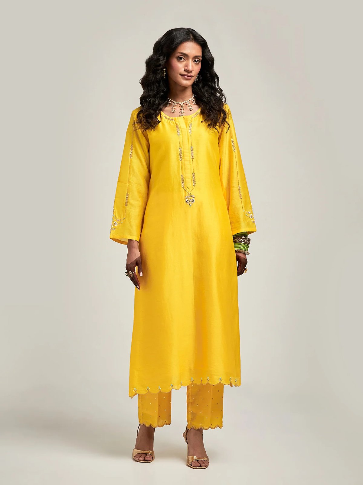 Yellow Silk Chanderi Embroidered Straight Kurta