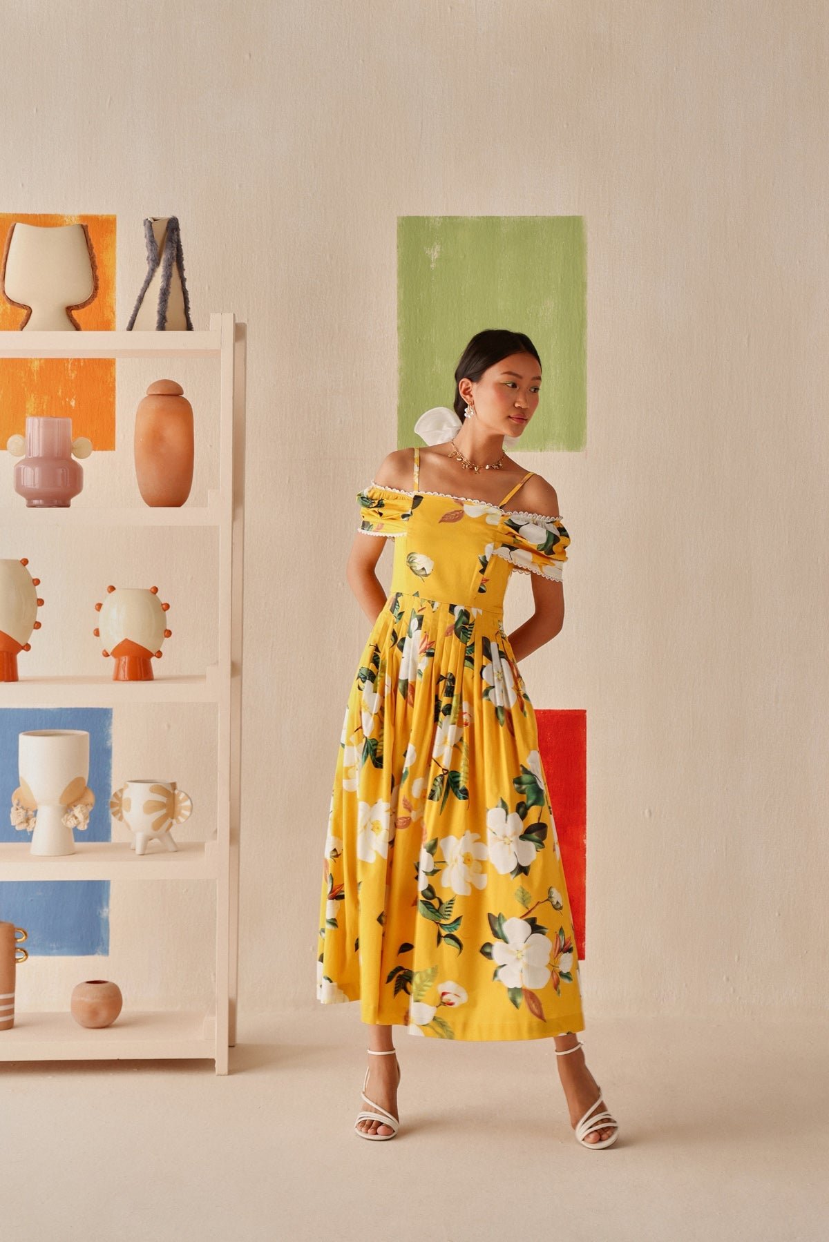 Yellow Off-Shoulder Floral Cotton Midi Dress