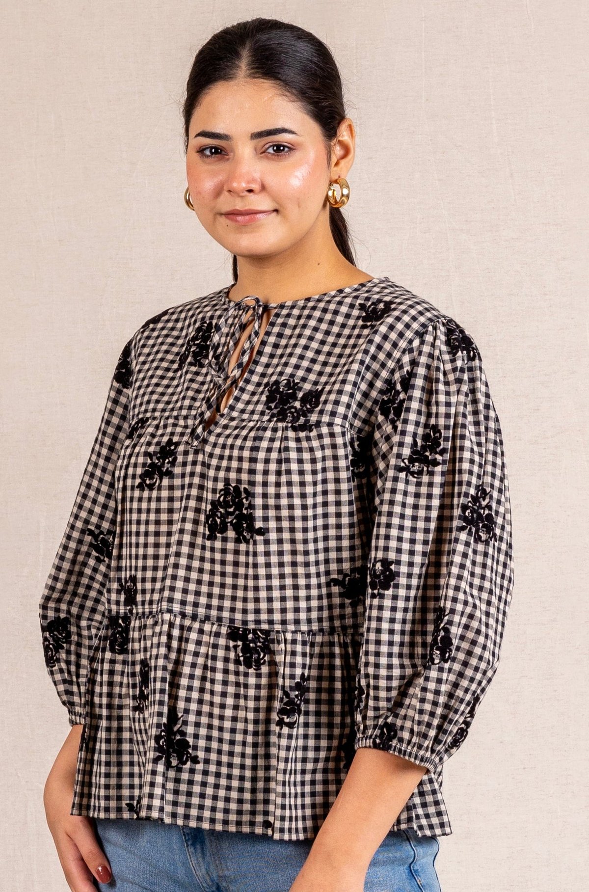 Gingham Floral Peplum Blouse With Ties