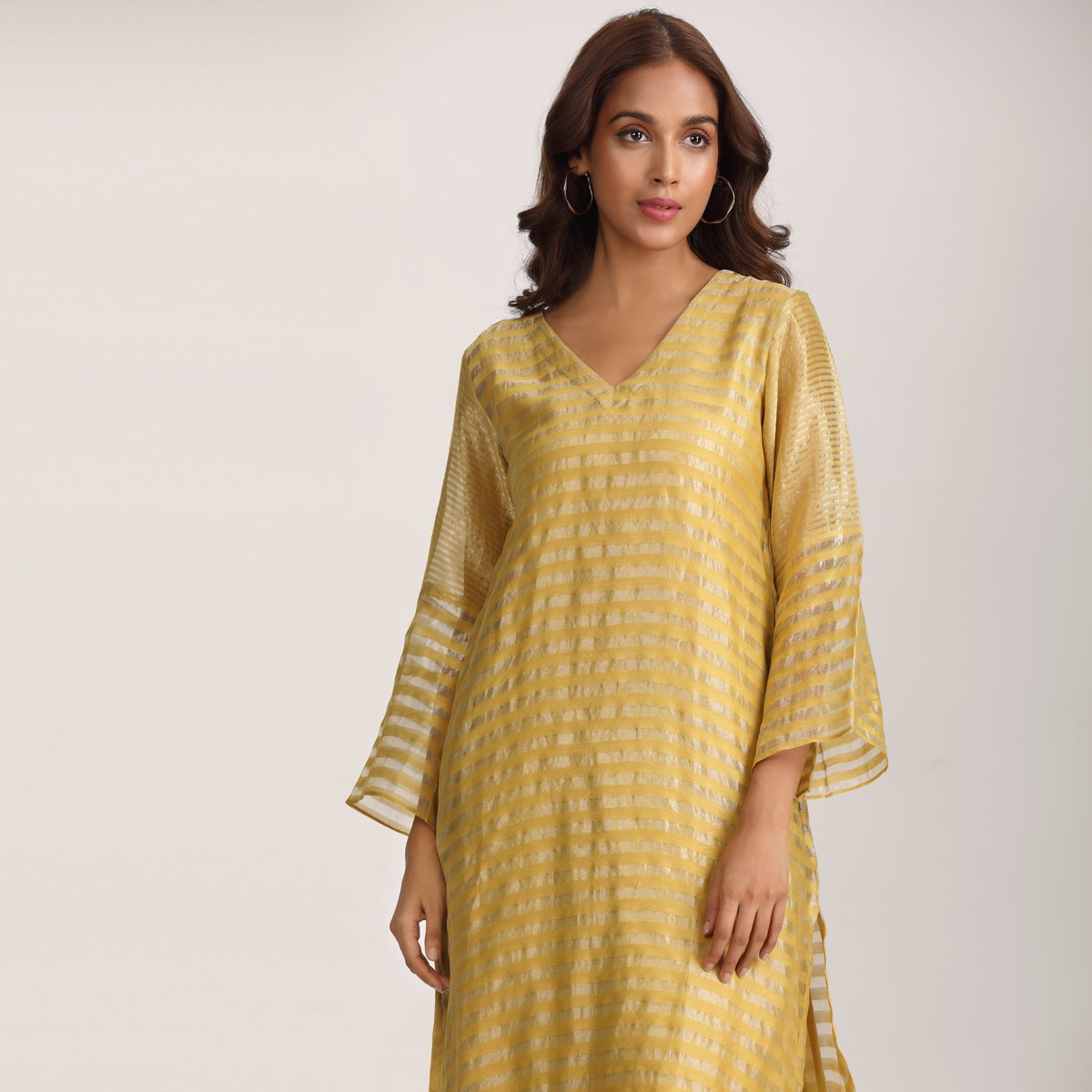 Mustard Yellow Chanderi Tissue Striped Kurta Set
