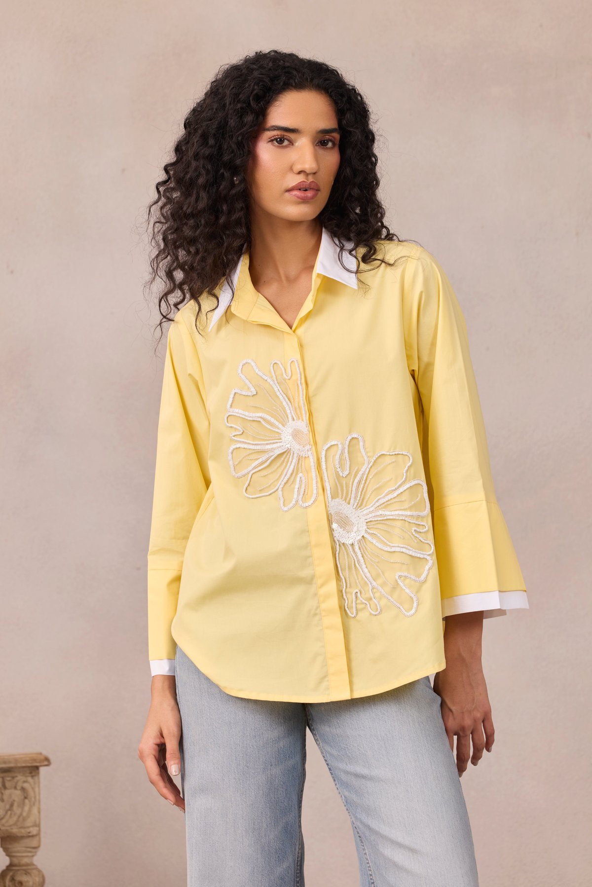 Lemon Sorbet Cotton Poplin Applique Button-Down Shirt