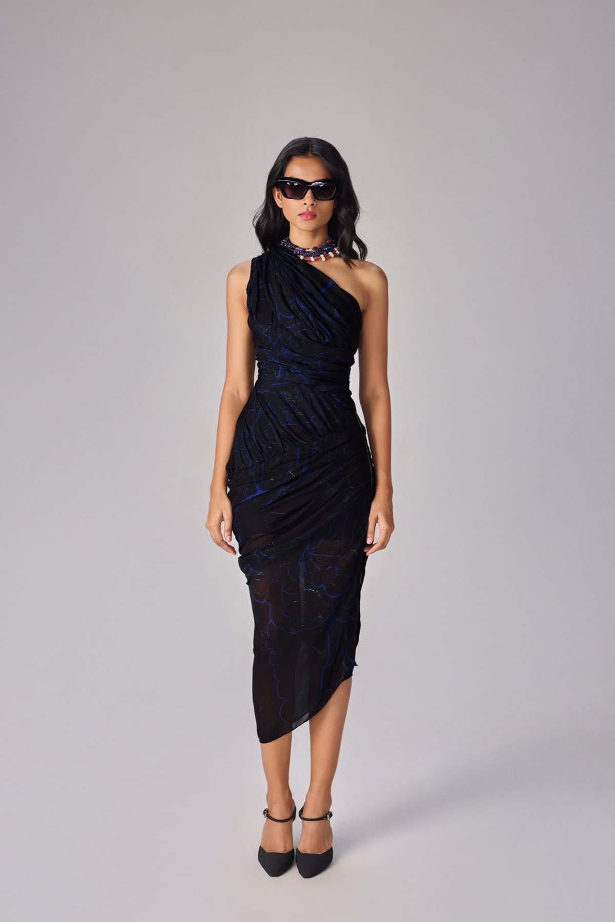 Black One-Shoulder Printed Chiffon Midi Dress